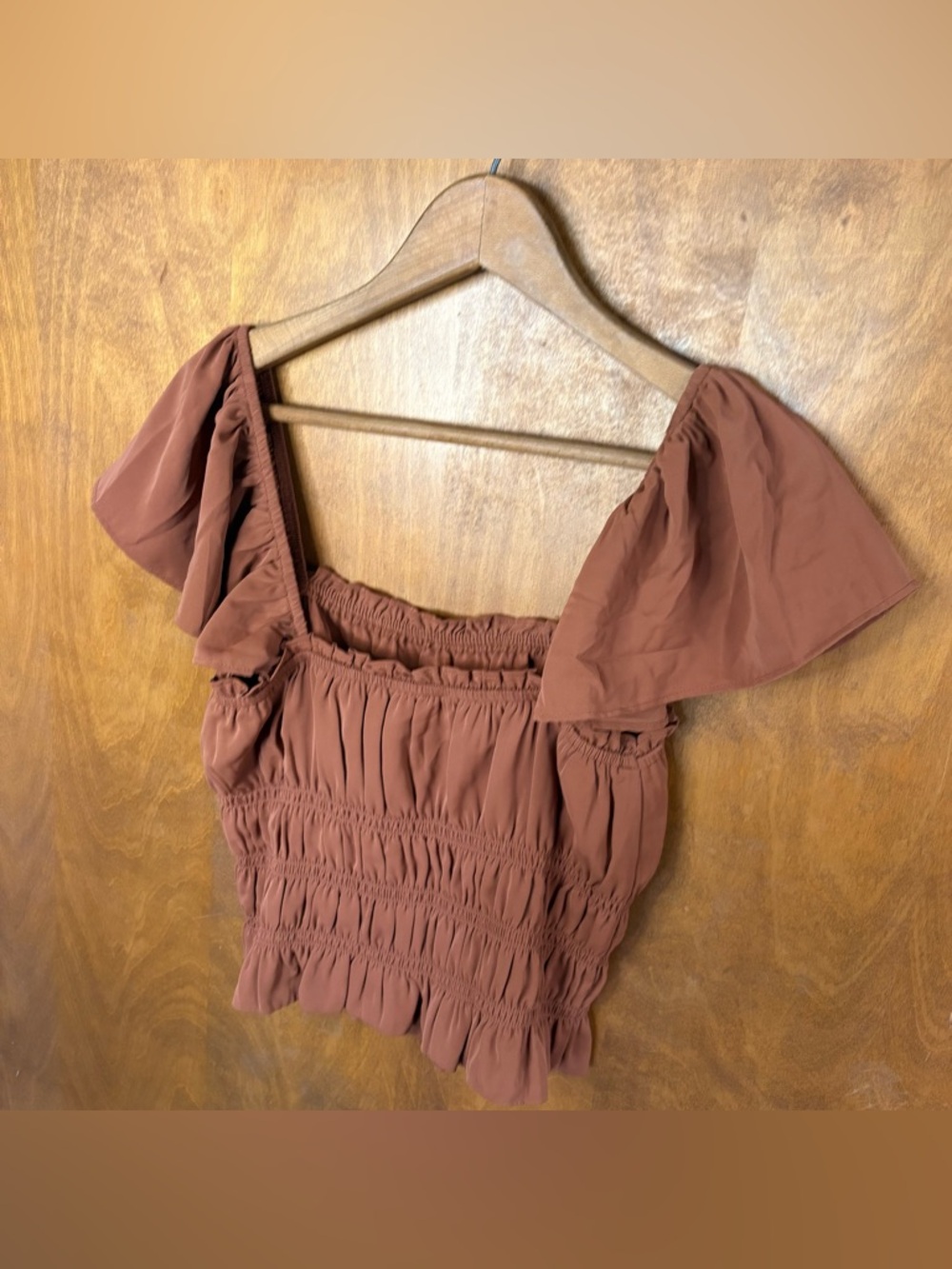 Abercrombie & Fitch Chocolate Brown Smocked Flutter Sleeve Milkmaid Top Y2K Boho - Picture 5 of 10